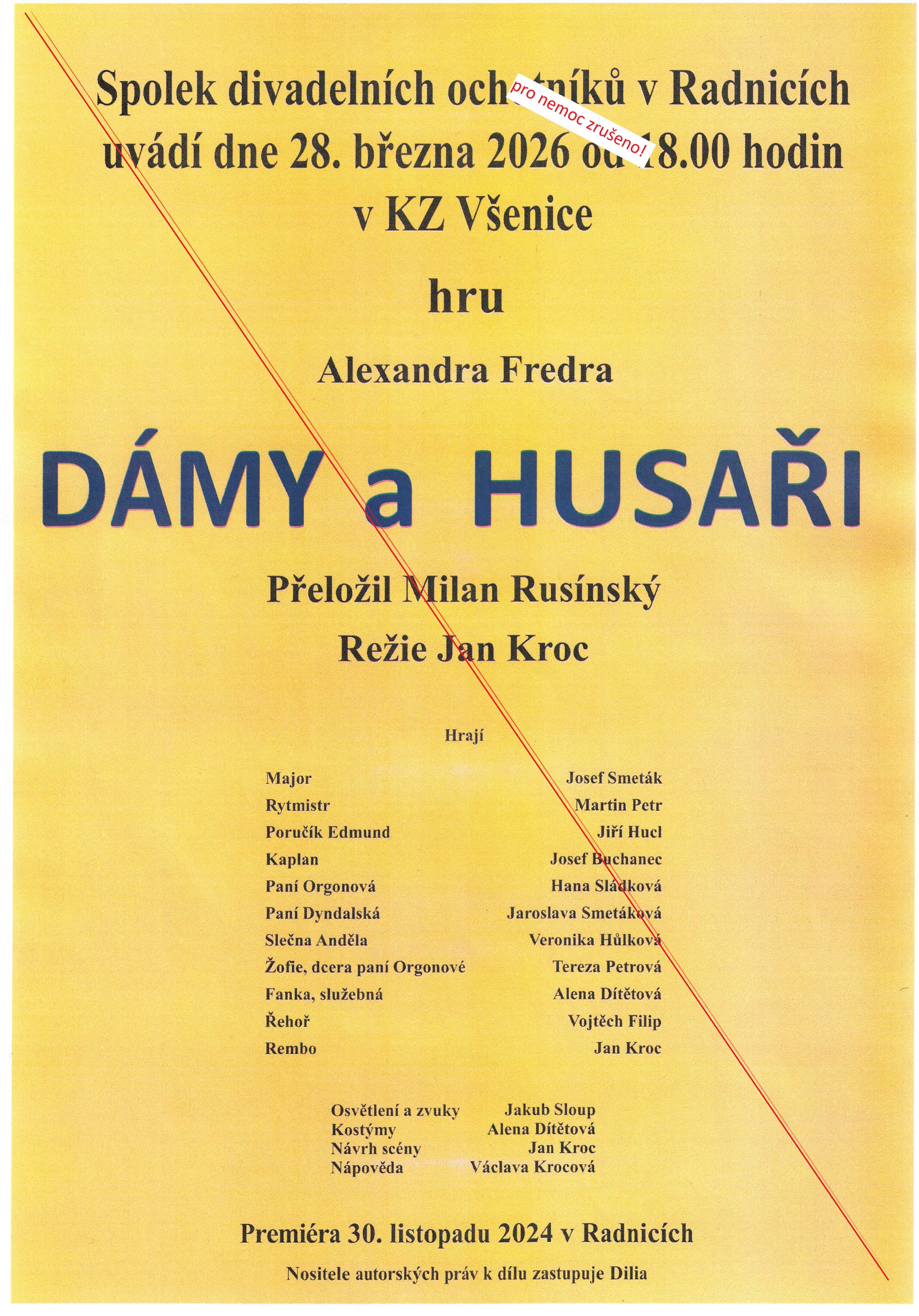 Divadlo ve Všenicích v sobotu 28. března 2026 - PRO NEMOC ZRUŠENO!!!